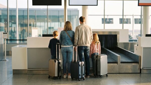 Familie mit Rollkoffern von hinten an einem Check-in-Schalter im Flughafen