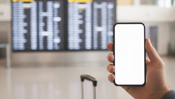 Hand hält ein Smartphone vor einer unscharfen Abflugtafel im Flughafen