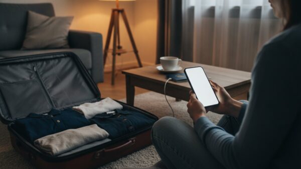 Hände mit Smartphone neben gepacktem Rollkoffer und Reisepass am Vorabend der Reise