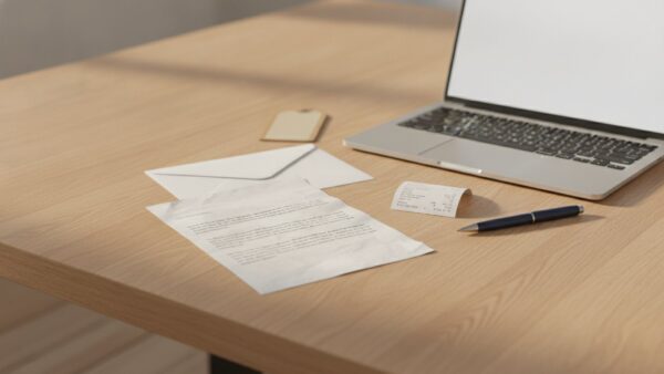 Brief, Briefumschlag, Kassenbon und Laptop auf einem Küchentisch