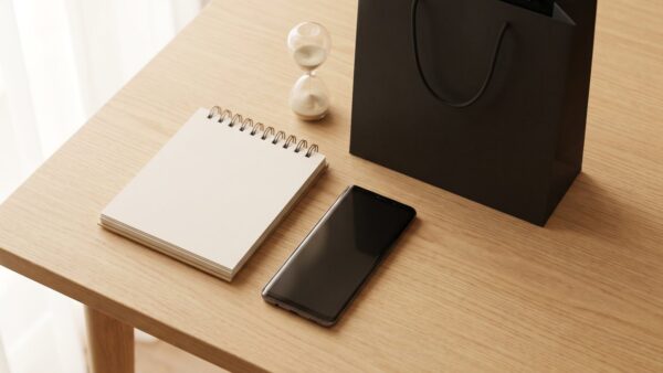 samsung black friday bild 1 Leerer Tischkalender, Smartphone, schwarze Einkaufstasche und Sanduhr auf einem Holztisch