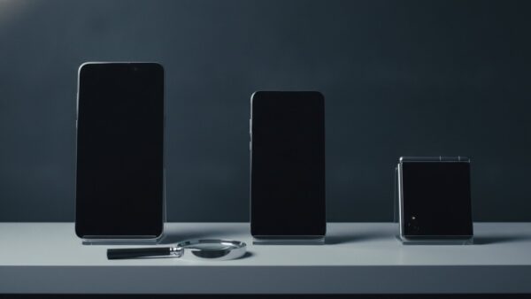 samsung black friday bild 2 Drei Smartphones mit ausgeschalteten Displays auf AcrylstÀndern, davor eine Lupe