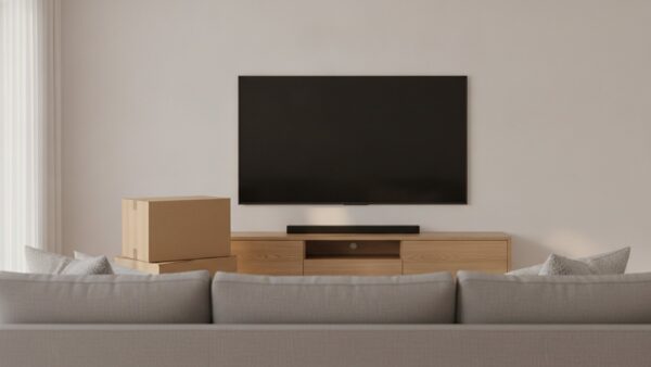 samsung black friday bild 3 Flacher Fernseher mit ausgeschaltetem Bildschirm ĂŒber einem Lowboard mit Soundbar, davor zwei Versandkartons