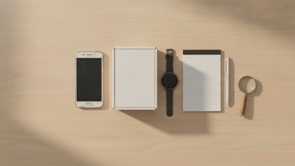 samsung black friday bild 4 Altes Smartphone, leerer Versandkarton, Smartwatch, Notizblock und Lupe auf einem Schreibtisch