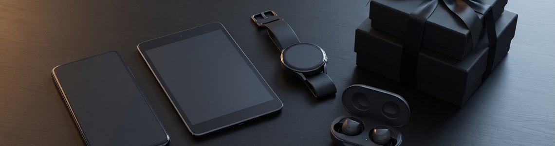 Smartphone, Tablet, Smartwatch, Ohrhörer und schwarze Geschenkkartons auf einem dunklen Tisch
