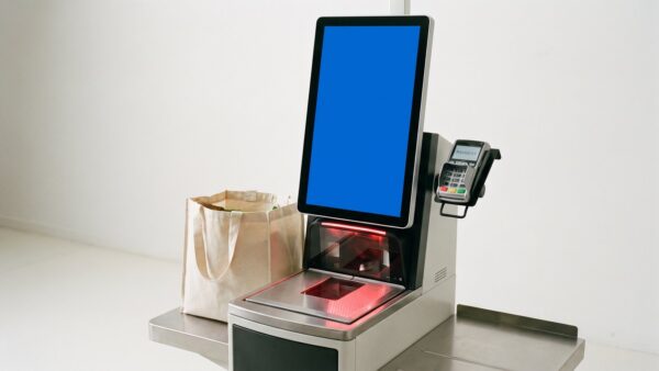 selbstbedienungskasse bild 1 Selbstbedienungskasse mit Touchscreen, Scanner und Ablage mit gefĂĽllter Einkaufstasche