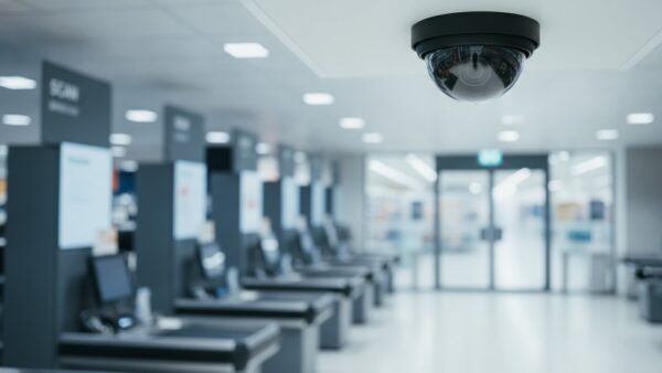 selbstbedienungskasse bild 3 Ăśberwachungskamera an der Decke eines Supermarkts ĂĽber Selbstbedienungskassen und einer Ausgangsschranke