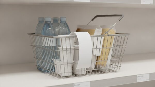 selbstbedienungskasse bild 4 Einkaufskorb mit Wasser-Mehrfachpack, Nudeln und Joghurt, obenauf ein leerer Kassenbon
