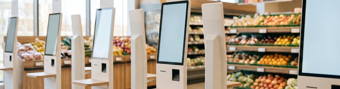 Helle Zone mit mehreren Selbstbedienungskassen in einem Supermarkt, im Hintergrund Obst- und Gemüseregale
