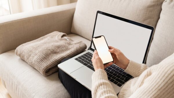 shein login bild 1 Hände halten ein Smartphone über einem Laptop auf dem Sofa