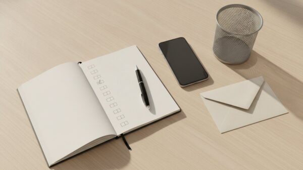 shein login bild 4 Notizbuch mit leerer Checkliste, Smartphone, Briefumschlag und Papierkorb