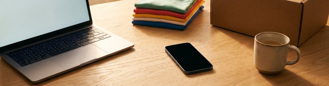 Laptop, Smartphone, gefaltete Kleidung und Versandkarton auf einem Schreibtisch