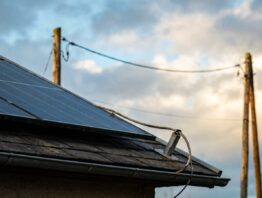 Solarmodule auf einem Hausdach mit Anschlusskabel und Stromleitung im Hintergrund