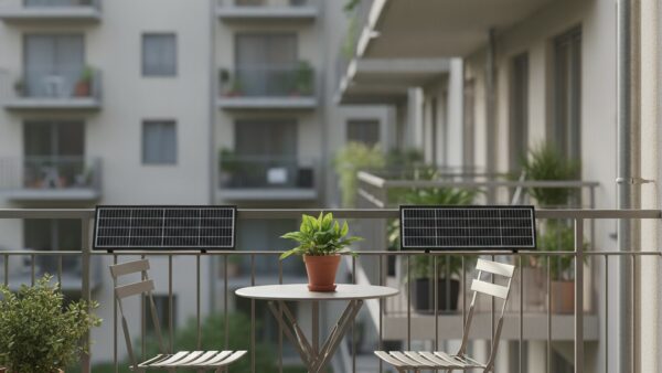 Balkonkraftwerk mit zwei Solarmodulen am Geländer eines Mehrfamilienhauses