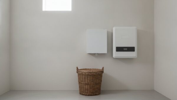 Weißer Batteriespeicher und Wechselrichter an der Wand eines hellen Hauswirtschaftsraums