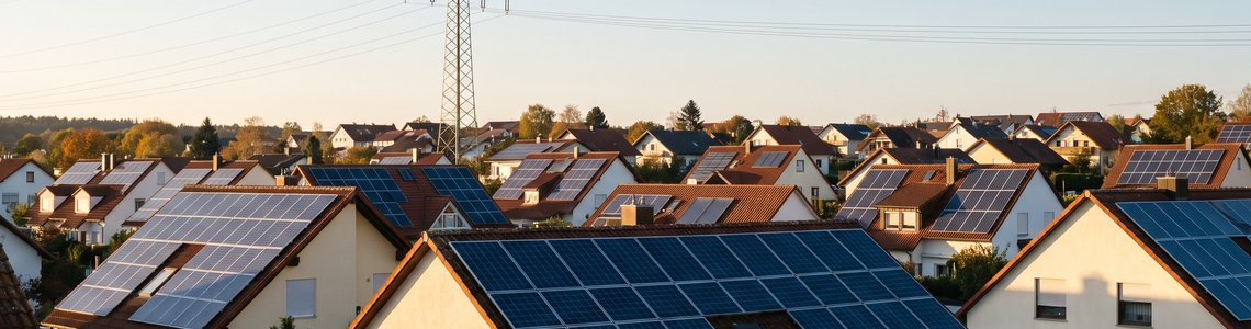 Einfamilienhäuser mit Solarmodulen auf den Dächern und einer Stromleitung im Abendlicht