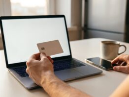 Hand hält eine Bankkarte vor einem Laptop beim Online-Bezahlen, daneben ein Smartphone
