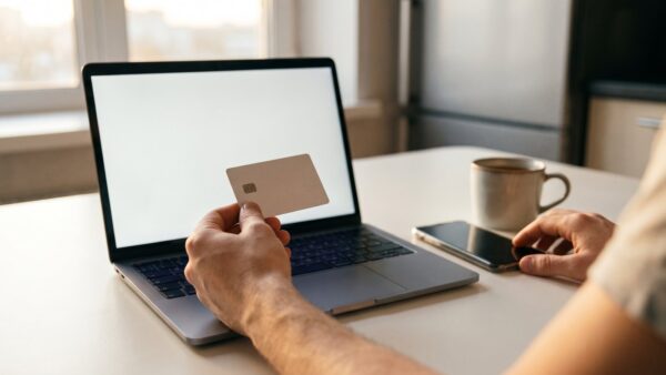 sparkasse s id check bild 1 Hand hält eine Bankkarte vor einem Laptop beim Online-Bezahlen, daneben ein Smartphone