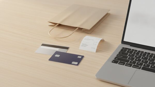 sparkasse s id check bild 2 Zwei Bankkarten, Kassenbon, Einkaufstüte und Laptop auf einem Holztisch