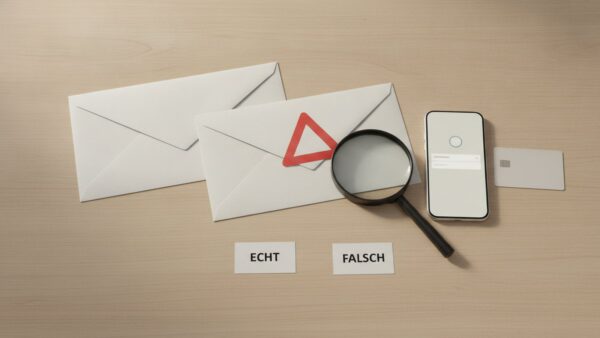 sparkasse s id check bild 4 Zwei Briefumschläge mit Lupe, Smartphone und Karten „echt“ und „falsch“ auf einem Schreibtisch