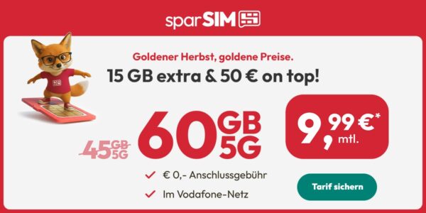 sparsim m aktion 60gb banner sparSIM M Aktion: 60GB 5G Allnet-Flat im Vodafone-Netz für 9,99€/Monat