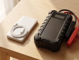 Kleine Handy-Powerbank neben einem größeren Starthilfegerät mit roter und schwarzer Polzange