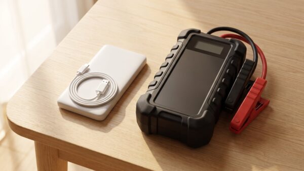 starthilfe powerbank bild 1 Kleine Handy-Powerbank neben einem größeren Starthilfegerät mit roter und schwarzer Polzange
