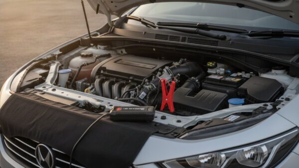 starthilfe powerbank bild 2 Starthilfegerät im geöffneten Motorraum, die rote Polzange sitzt am Pluspol