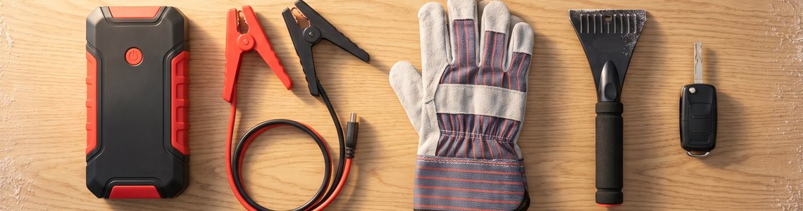 Starthilfegerät mit roter und schwarzer Polzange, Handschuhe, Eiskratzer und Autoschlüssel auf einem Holztisch