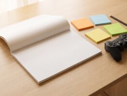Leerer Tischkalender mit vier farbigen Haftnotizen, Bleistift und Gamepad auf einem Holztisch