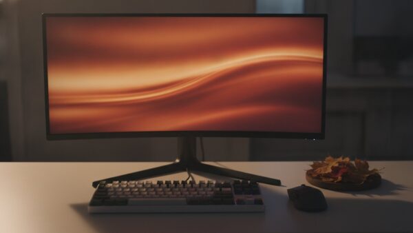 Gaming-Schreibtisch am Abend mit Monitor in warmen Herbsttönen, Tastatur und Maus