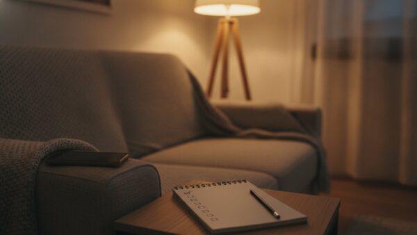Sofa mit Wolldecke, Smartphone und einer leeren Checkliste auf dem Beistelltisch am Abend