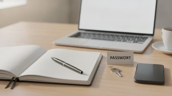 steam login bild 2 Notizbuch, Schlüssel und Karte mit dem Wort „Passwort“ neben Smartphone und Laptop