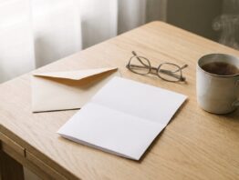Geöffneter unbeschrifteter Briefumschlag mit leerem Blatt, Lesebrille und Teetasse auf einem Küchentisch