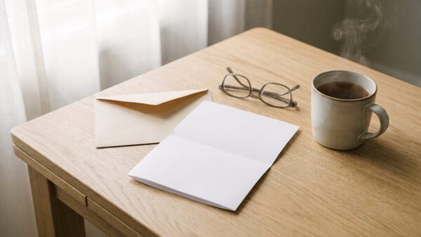 steuervorauszahlung bild 1 Geöffneter unbeschrifteter Briefumschlag mit leerem Blatt, Lesebrille und Teetasse auf einem Küchentisch