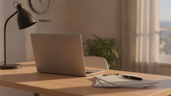 steuervorauszahlung bild 4 Aufgeklappter Laptop von hinten, geordneter Papierstapel mit Büroklammer und Füllfederhalter auf einem Schreibtisch