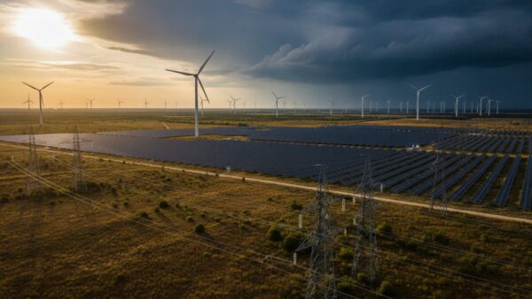 strompreis bild 3 Windpark und Solarfeld unter wechselhaftem Himmel – Symbolbild für schwankende Börsenstrompreise