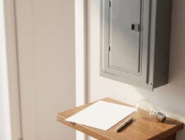 Geschlossener Zählerschrank im Hausflur mit leerem Blatt Papier und Glühbirne als Symbol für die Stromsteuer