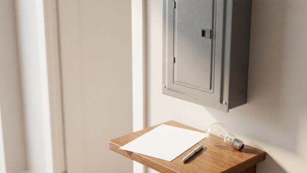 stromsteuer bild 1 Geschlossener Zählerschrank im Hausflur mit leerem Blatt Papier und Glühbirne als Symbol für die Stromsteuer