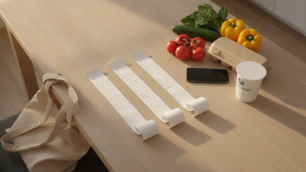 Drei Kassenbons, Gemüse und Smartphone auf einem Küchentisch beim Vergleich von Supermarkt-Apps