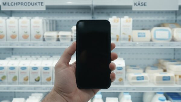 Hand hält ein Smartphone vor einem Kühlregal mit Milchprodukten