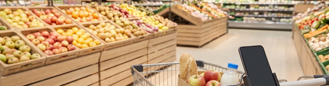 Einkaufswagen im Supermarktgang mit Smartphone am Griff als Sinnbild für Supermarkt-Apps
