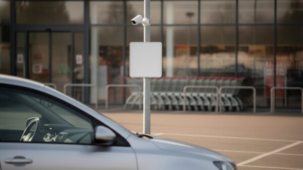 supermarkt parkplatz strafe bild 2b Mast mit Ăśberwachungskamera und Hinweisschild auf einem Supermarkt-Parkplatz