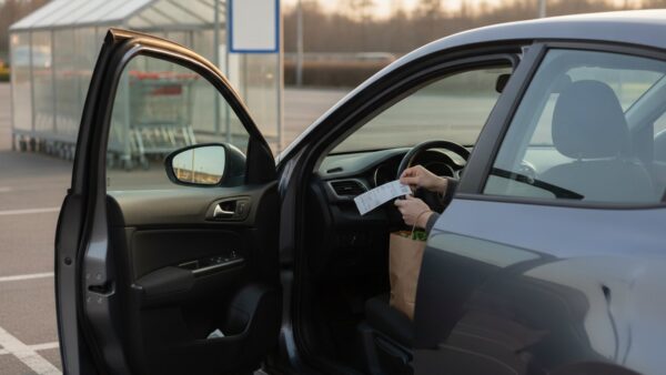 supermarkt parkplatz strafe bild 4 Hände legen nach dem Einkauf einen Kassenbon ins Auto auf dem Supermarktparkplatz
