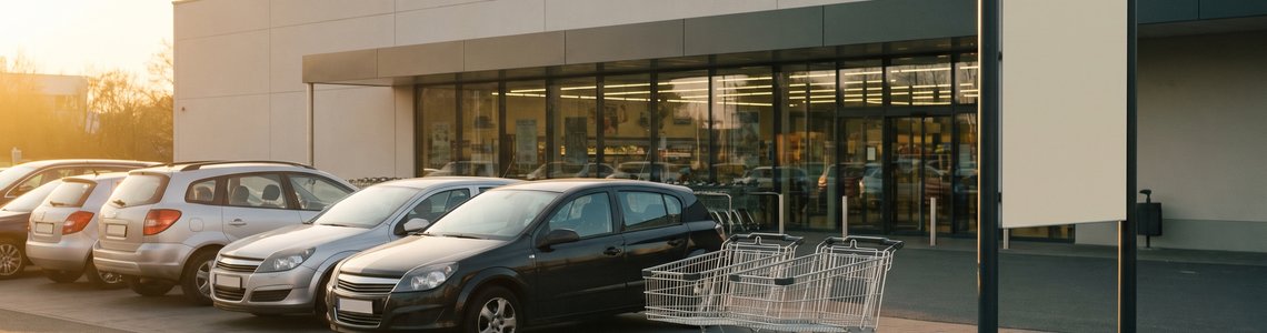 Kundenparkplatz vor einem Supermarkt mit Einkaufswagen und Hinweisschild