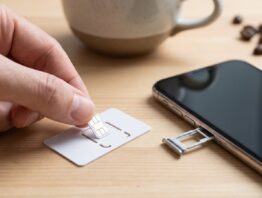 Hand löst eine SIM-Karte aus dem Kartenträger neben einem Smartphone auf einem Holztisch