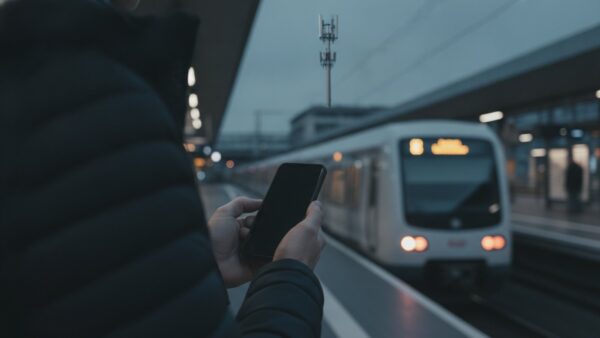 tchibo mobil bild 2 Person tippt unterwegs am Bahnsteig auf dem Handy, im Hintergrund ein Mobilfunkmast