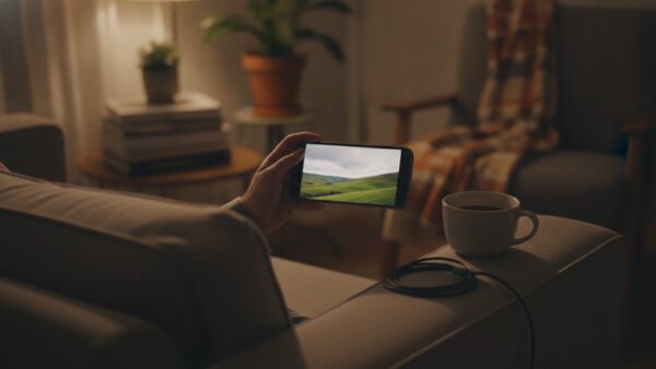 tchibo mobil bild 3 Hand hält ein Smartphone mit laufendem Video auf dem Sofa, daneben eine Kaffeetasse