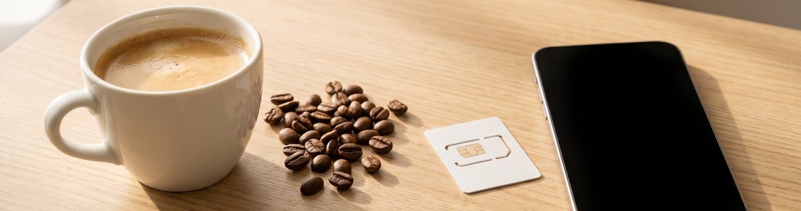 SIM-Karte, Smartphone und Kaffeetasse auf einem Holztisch als Symbol für Tchibo Mobil