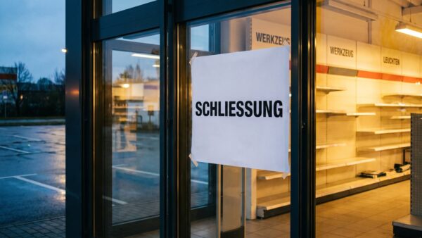 tedox filialschliessung bild 1 Eingangstür eines Fachmarkts mit Plakat „Schließung“ in der Abenddämmerung
